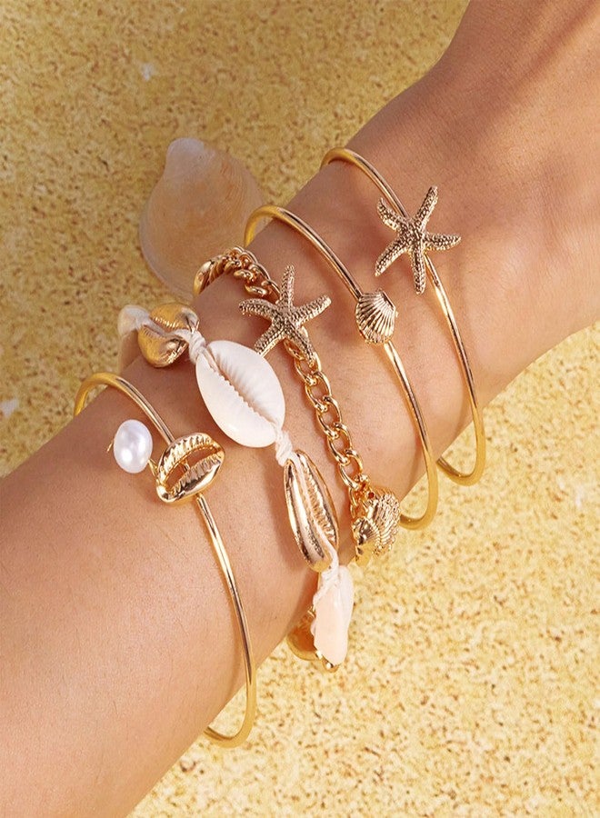 TACBSP Gold Shell Starfish Bracelet for Women Seashell Pearl Stack Bracelet Boho Starfish Beach Cuff Bracelets Trendy Summer Surfer Ocean Beach Jewelry Gift (5Pcs) - Image 4